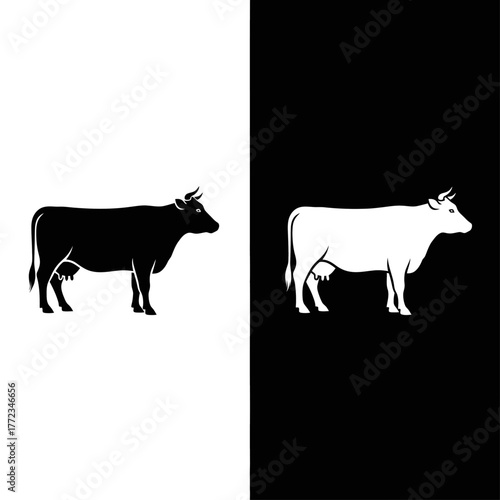 A high-contrast graphic design with a black cow silhouette on white and a white cow silhouette on black.