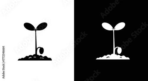A minimalist graphic of a young plant sprout growing from the soil, shown in both black and white versions.