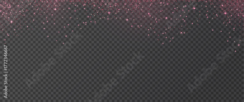Rose gold glitter background. Shimmer pink golden spray effect for Christmas celebration banners. Festive particles border isolated on dark background. Vector xmas overlay illustration.