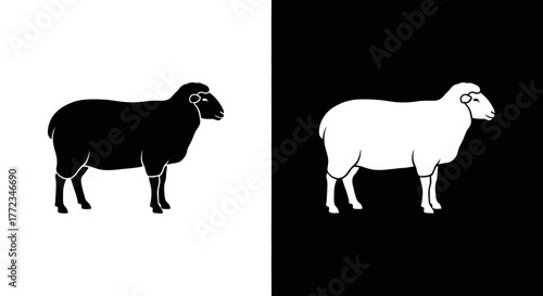 A high-contrast graphic of a black sheep on a white background and a white sheep on a black background.