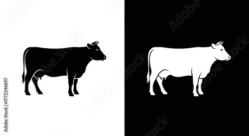 A minimalist black and white graphic of two cows in profile, showing a positive and negative design.