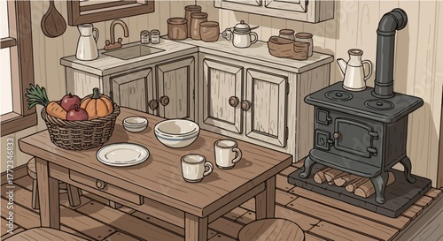 Inviting Rustic Kitchen Interior with a Wood Burning Stove, Wooden Dining Table, and Fresh Produce, Depicting Homely Country Charm