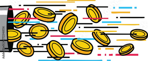 Golden Coins Flowing Out of Metal Slot with Red Blue and Yellow Lines Motion Effect