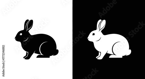 A simple graphic illustration of a rabbit silhouette shown in two contrasting versions, black and white.