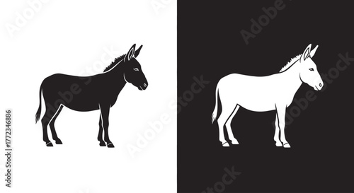A graphic illustration of two donkeys in contrasting black and white, one on each side of a split background.