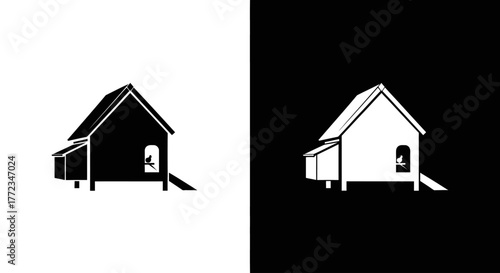 A simple black and white silhouette icon of a chicken coop, with a hen visible in the doorway.