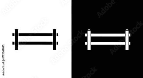 A minimalist graphic icon of a two-rail wooden fence section, presented in black on white and white on black.