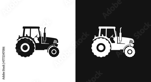 Black and white silhouette icons of a farm tractor shown on contrasting backgrounds.