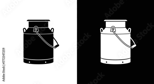 A black and white graphic illustration of a traditional milk can, shown as a silhouette and its inverse version.