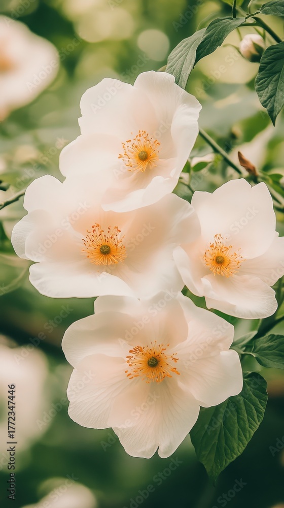 Obraz premium Delicate pale pink flowers bloom on a leafy branch in soft green garden light.