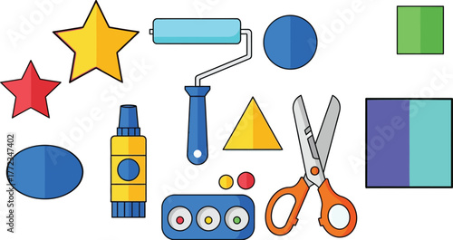 Creative kids art tools icon set featuring paint roller, glue stick, safety scissors, paper shapes, and color palette in flat two-tone style