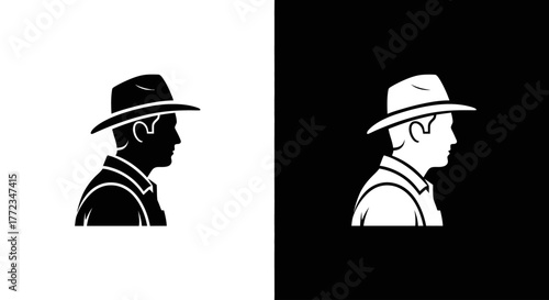 A minimalist black and white silhouette logo of a man in profile wearing a wide-brimmed hat.
