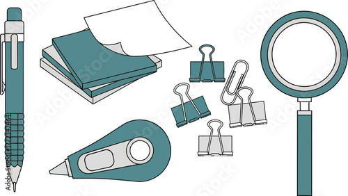 Creative study tools icon collection featuring uncommon stationery items in minimalist flat vector style with two solid colors on white background