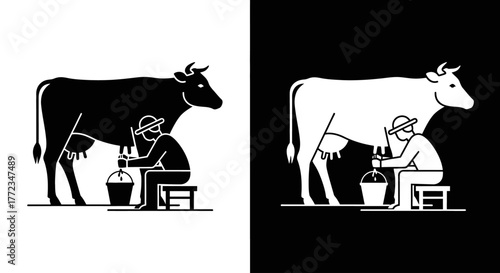 A black and white graphic illustration of a farmer milking a cow by hand, shown in positive and negative space.