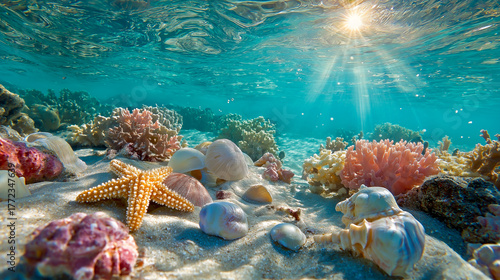 Vibrant marine life under the sunlit ocean