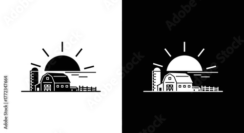 A simple black and white line art illustration of a farm scene with a barn, silo, fence, and a rising sun.