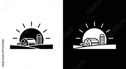 A minimalist black and white farm logo with a barn, silo, and tractor set against a rising sun.