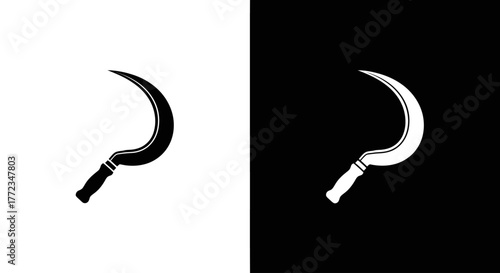 A simple monochrome icon of an agricultural sickle, shown in both black on white and white on black versions.