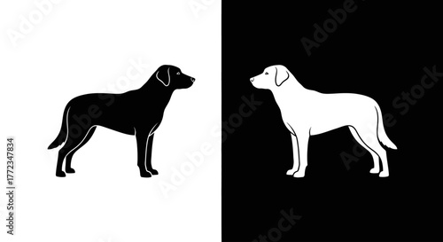 A minimalist graphic of a black dog silhouette on a white background and a white dog outline on a black background.