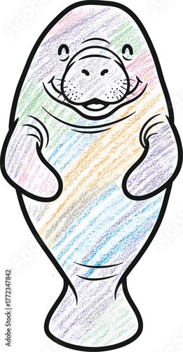 Smiling Manatee Cartoon Illustration Leaning Forward, Colorful Aquatic Mammal in Playful Pose on White Backdrop, Wildlife Drawing for Children's Education & Conservation Awareness Programs, Cute Sea C