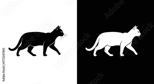 A minimalist graphic of two walking cat silhouettes, a black cat on a white background and its white inverse on a black background.