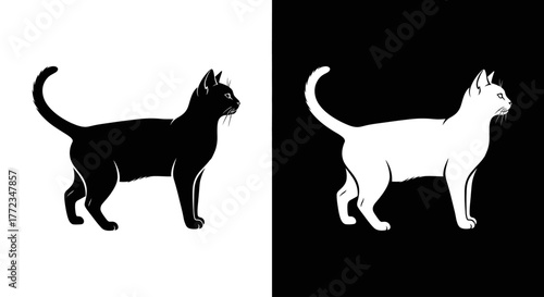 A graphic illustration of two cats in profile, one black on white and one white on black, creating a high-contrast, symmetrical design.