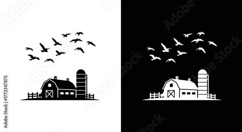 A farm scene silhouette with a barn, silo, and a flock of flying birds, presented in black and white.
