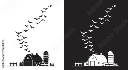Black and white silhouette of a flock of birds flying away from a farm with a barn and silo.