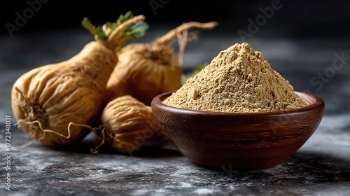 Fresh maca root and powder in wooden bowl healthy food concept
