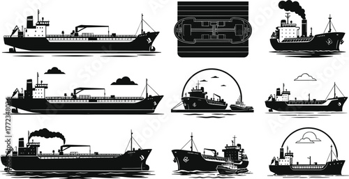 Cargo ship silhouettes, tanker vessels, maritime transport, ship cross-section, black and white design, ocean logistics, naval architecture, shipping industry