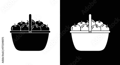 A simple black and white graphic icon of a basket filled to the brim with ripe apples.
