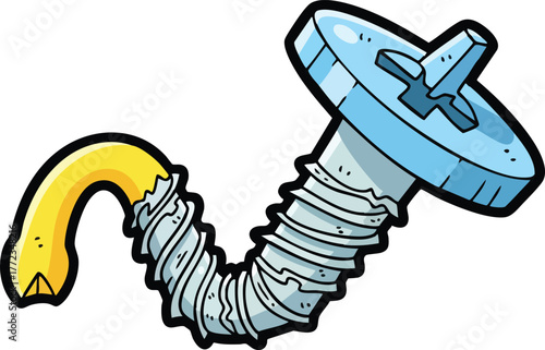 Cartoon Screw With Yellow Tail And Corrugated Metal Shaft And Blue Screw Head