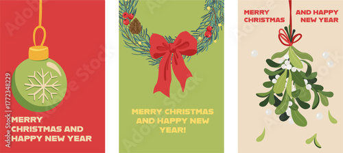 Merry Christmas and Happy New Year greeting card Set. Modern beautiful Xmas design with typography, Christmas tree branches, balls, snowflake pattern. Minimal art banner, poster, cover templates