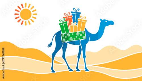 Camel carrying colorful gift boxes in desert with sun  