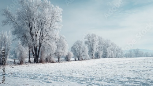Snow-covered field landscape frosty trees soft winter light peaceful and minimalist cold yet inviting scenery