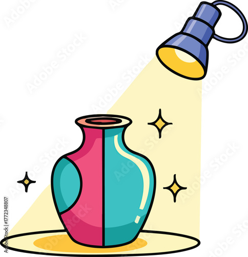 Colorful Two Toned Vase Under Spotlight With Sparkles On A White Background