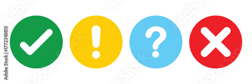 Set of round check mark, exclamation point, x mark icon. Check mark, exclamation point, cross mark icons set Flat and outline style. Vector illustration.