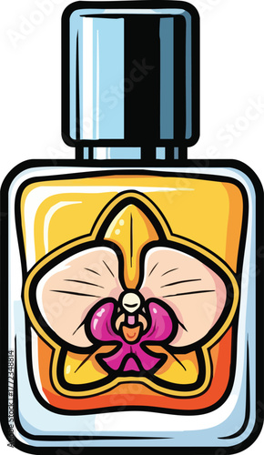 Square glass perfume bottle with clear liquid and orchid flower design on yellow background
