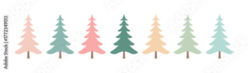 Sieben pastellfarbene Tannen in einer Reihe