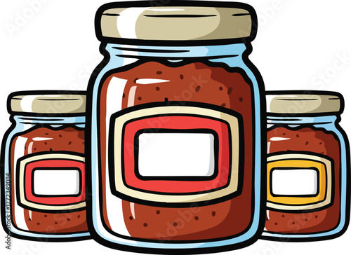 Three Jars of Red Jam or Jelly With Blank Labels on a White Background