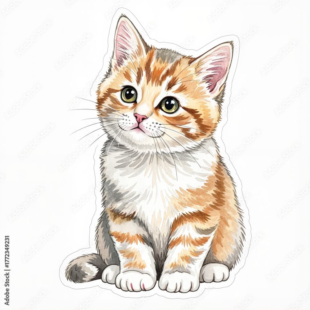 Obraz premium Adorable Calico Kitten with Bright Green Eyes, Hand-Drawn Watercolor Illustration, Cute Pet Art for Cards, Stickers, and Children’s Books
