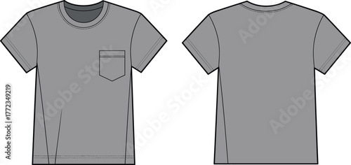 Basic t-shirt vector flat sketch with chest pocket, short sleeves and crew neck, apparel technical drawing for fashion design templates