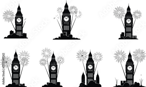 Clock tower silhouettes with fireworks, black and white festive architecture vector art, iconic timepieces in celebration scenes