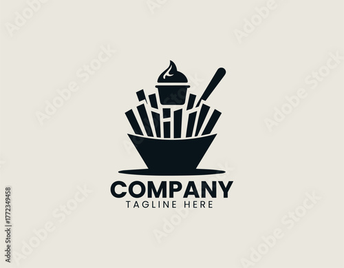 French fries with ketchup black vector logo illustration