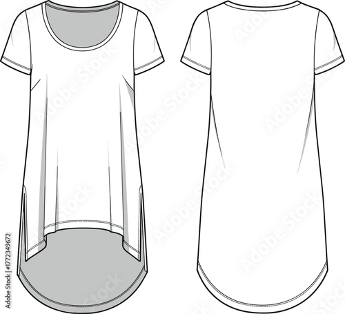 Women’s high-low hem T-shirt, round neckline short sleeve, side slit curved design, garment technical drawing, fashion flat sketch, apparel sewing pattern illustration