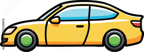 Yellow coupe sports car with blue windows and green wheels and red taillight on white background