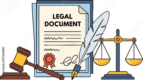 Legal Document Scales of Justice Gavel Quill Pen and Wax Seal Representing Law and Justice System