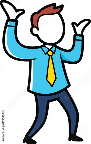 Man in Blue Shirt and Yellow Tie with Arms Raised in Exasperation or Excitement