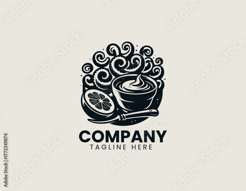 Fried calamari rings with lemon and sauce minimalist black vector logo illustration