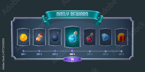 Daily reward frame with item icons for game design
